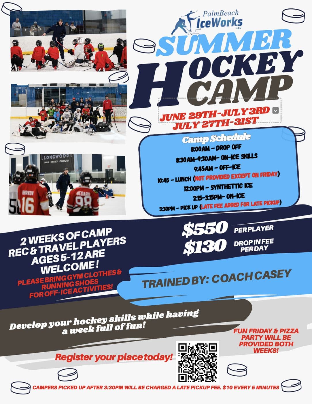 Summer hockey camp flyer for ages 5–12