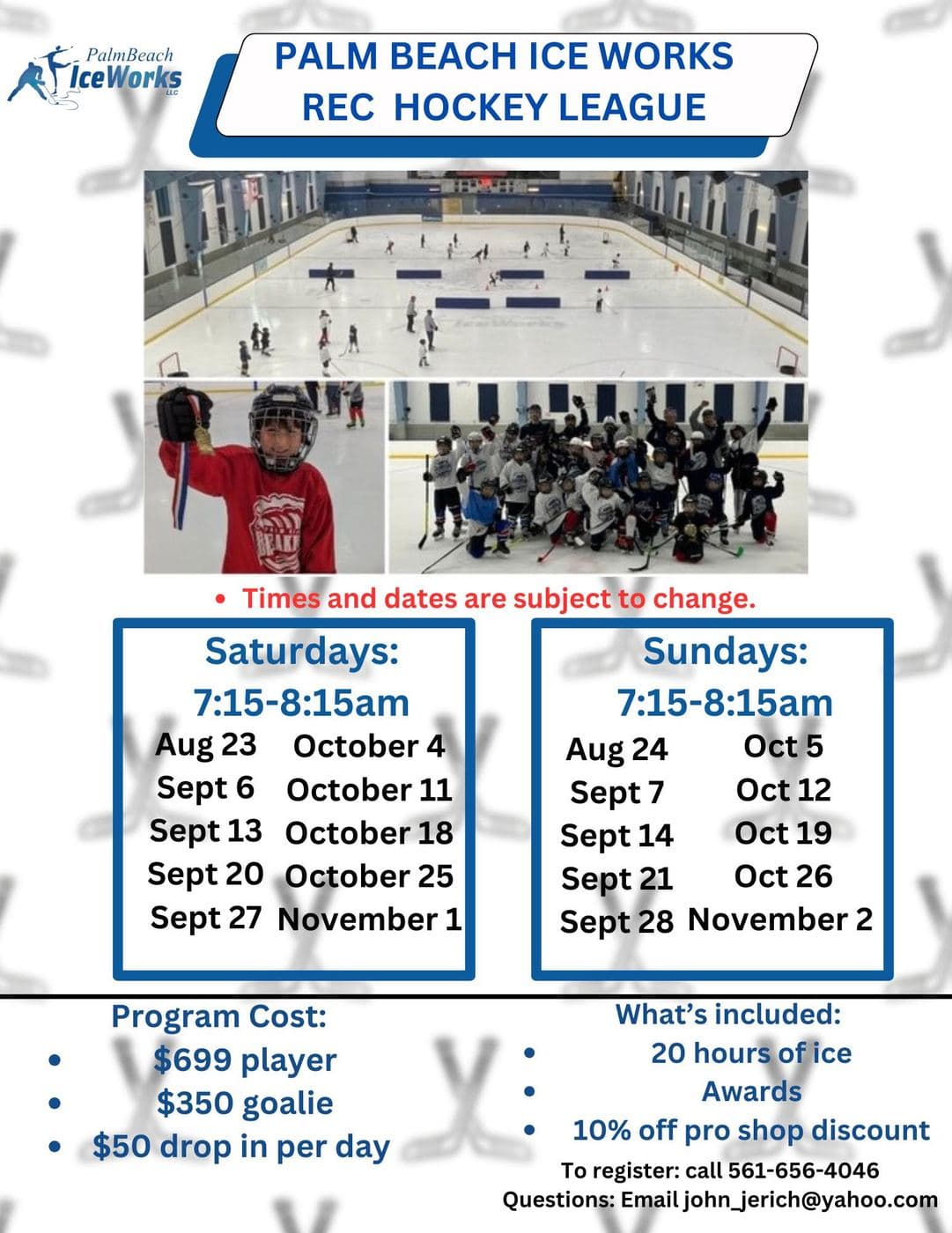 Rec hockey league flyer with Saturday and Sunday dates and fees