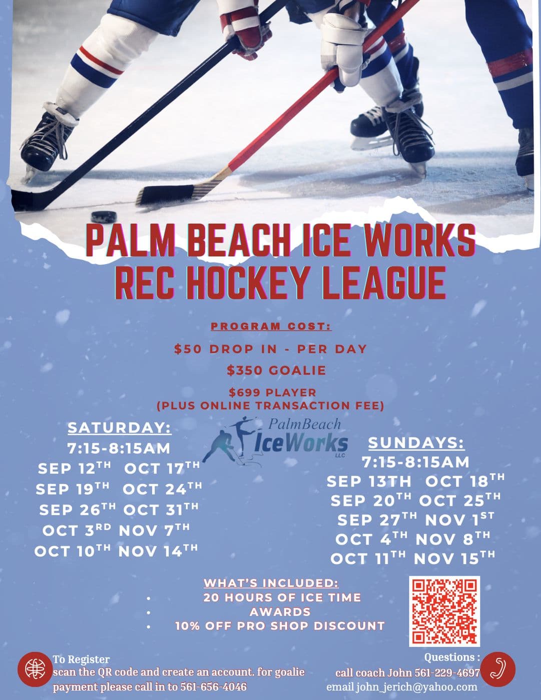 Rec hockey league flyer with Saturday and Sunday ice times